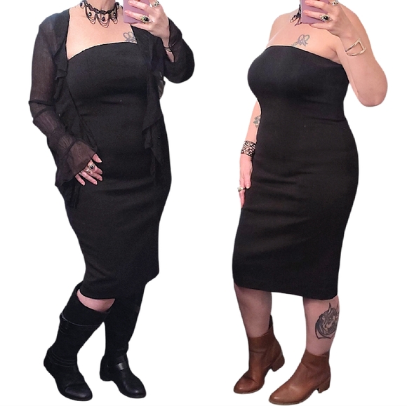 VTG Y2K Spiegel Black Strapless Fitted Bodycon Midi Pencil Dress Size 8 - Picture 1 of 13